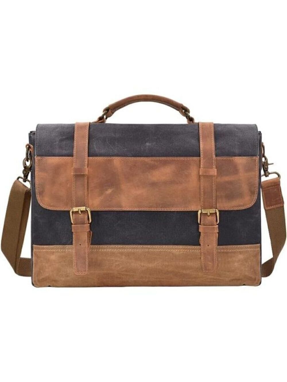Messenger Bag Waterproof Vintage Genuine Leather Canvas Briefcase Laptop Coffee